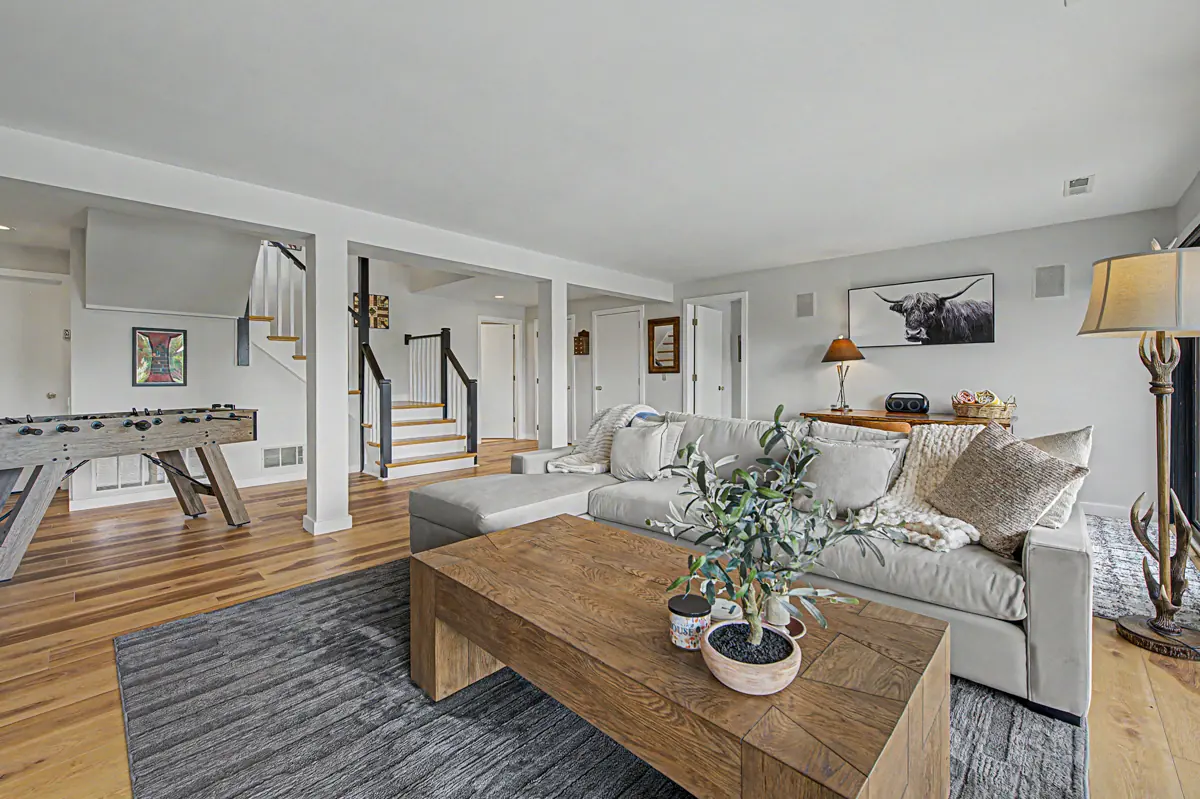 Lower-level family room with foosball