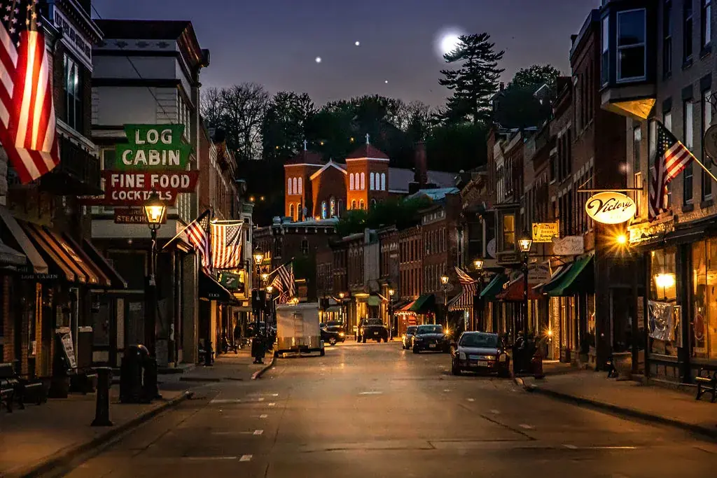 Galena's Main Street lit up at night