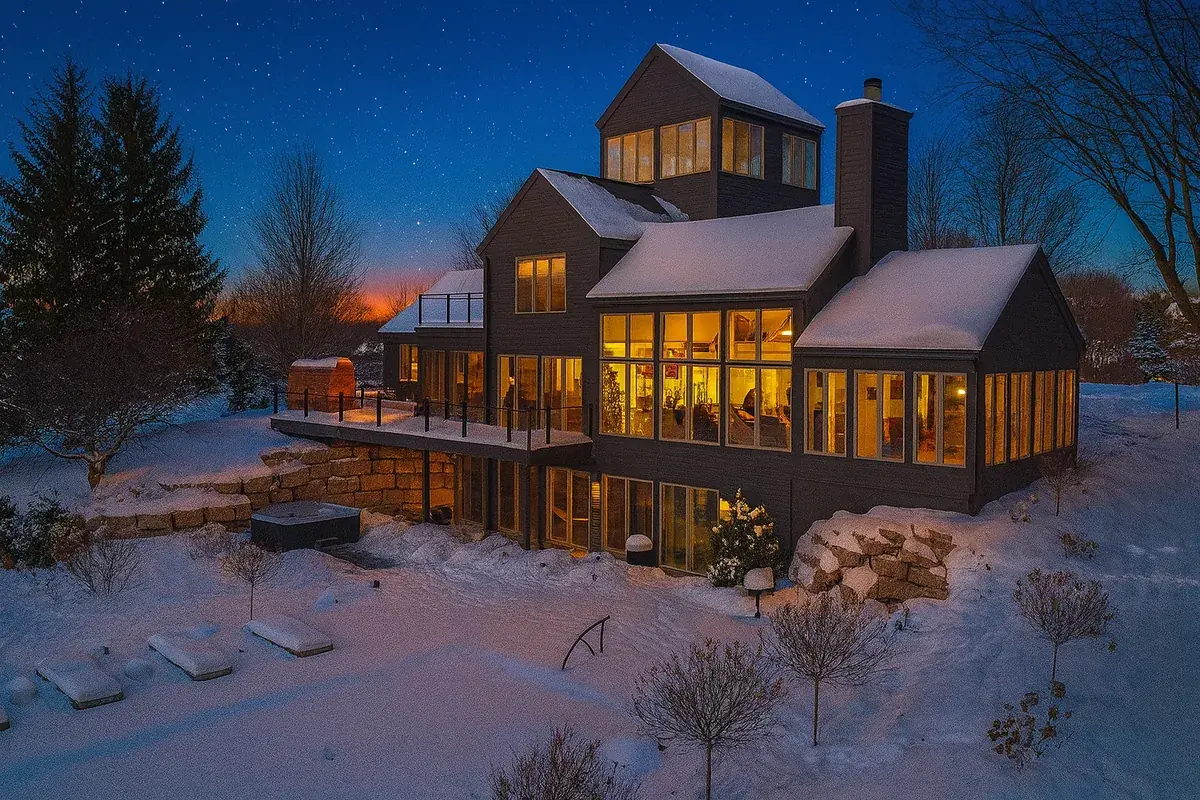 Tower House in snow at dusk, windows lit, hot tub and cedar sauna on the terrace